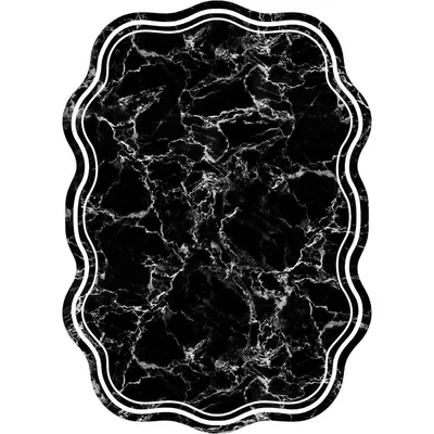 A black marble-patterned rug with a decorative white border.