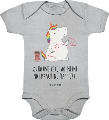 Produktbild von Mr. & Mrs. Panda Strampler Baby Einhorn Näherin 1. - 3. Monat - Heather Grey - Geschenk, overall, Unicorn, Babystrampler, Basteln, babykleidung body, Babybody, Freundin