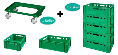 Produktbild von 7 Stück E2-Kasten grün + 1 Transportroller mit vier Lenkrollen in grün