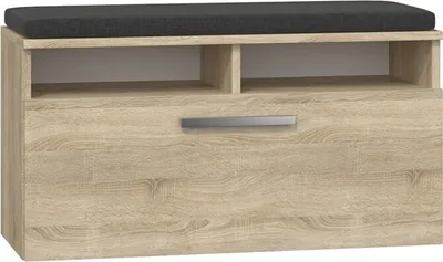 A front view of a shoe cabinet with a bench seat on top.
