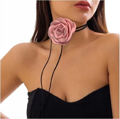 Zdjęcie produktu dla Flamenco Mystique Naszyjnik choker XL ozdobny kwiat na szyję róża na sznurku elegancki pudrowy N761R