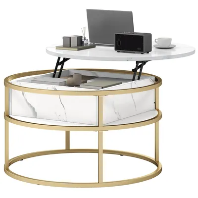 Produktbild von Couchtisch Rund ,Wohnzimmertisch Beistelltisch, Hebeplatte, mit Stauraum, 80 x 80 x 47 cm, Weiß+Gold