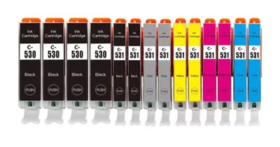 Image de 14 cartouches d'encre PGI-530 & CLI-531 noir, cyan, magenta, jaune, gris, compatibles avec les imprimantes Canon Pixma TS8500, TS8550, TS8551, TS8552, TS8700, TS8750, TS8751