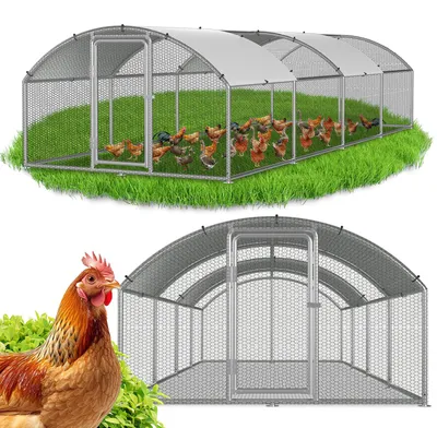 Obrázek produktu pro Kurník ISOISL s voliérou, rozměry 3 x 8 x 2 metry, plocha 24 m², oblouková střecha, konstrukce z pozinkované oceli o tloušťce 25 mm, oplocení z PVC drátěného pletiva a bílá ochranná plachta z polyetylenu