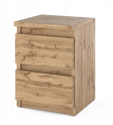 A wooden nightstand with three drawers against a white background.