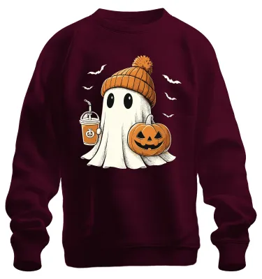 Obrázek produktu pro Duch dýně Halloween roztomilé čepice káva podzim roztomilé strašidelné uni mikina svetr, vínová, XXL