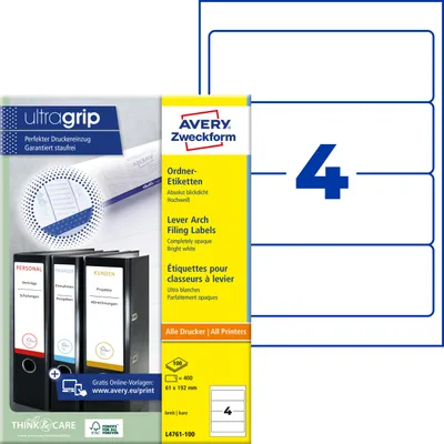 Produktbild von Avery Zweckform L4761-100, Ordner-Etiketten, A4, Qualitätsdruck mit: ultragrip, 61 x 192 mm, 400 Etiketten / 100 Bögen, weiß