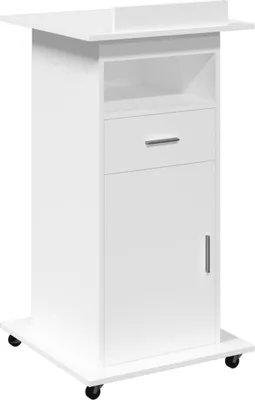A white podium with a drawer and a cabinet, shown from the front on a white background.