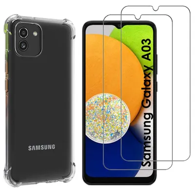 Produktbild von Stoßfeste Hülle für Samsung Galaxy A03 und 2 Displayschutzfolien aus gehärtetem Glas Phonillico®
