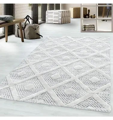 Produktbild von TapisTrend Zotteliger Teppich Grau 120 cm rund Grauer und cremefarbener geometrischer mit erhabenem Rautenmuster, 20 mm Florhöhe, moderner Stil für Wohn