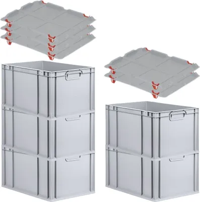 Produktbild von SparSet 5x Eurobox NextGen Economy mit Auflagedeckel und 4x Schiebeschnappverschlüsse Rot | Griffe geschlossen | HxBxT 32x40x60cm | 65 Liter | Eurobehälter, Transportbox, Transportbehälter, Stapelbehälter
