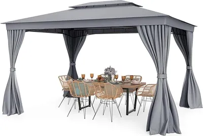 Produktbild von 3 x 4m Pavillon, wasserfester, sonnengeschützter, Doppeldach-Pavillonzelt mit Metallrahmen & Seitenwänden & Moskitonetz & 8 Bodenspikes, Grau