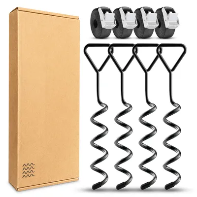 Produktbild von JUNIERS Bodenanker Trampolin Set – 4X Erdanker zum Eindrehen 2,5m XXL Spanngurte – Sturmfeste Befestigung für Trampolin, Schaukel, Pavillon & Garten