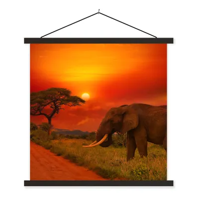 Produktbild von MuchoWow® Textilposter Elefant - Sonnenuntergang - Orange - Savanne - Tiere 40x40 cm mit schwarzem Rahmen - Fotos