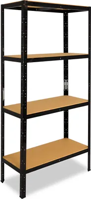 A black metal shelving unit with four wooden shelves, shown against a white background.