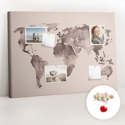 Obrázek produktu pro Korková nástěnka s kolíčky - Tabule s kolíky pro fotografie a poznámky - 100x70 cm - Připínáčky dřevěné 100 kusů - Akvarelová mapa světa