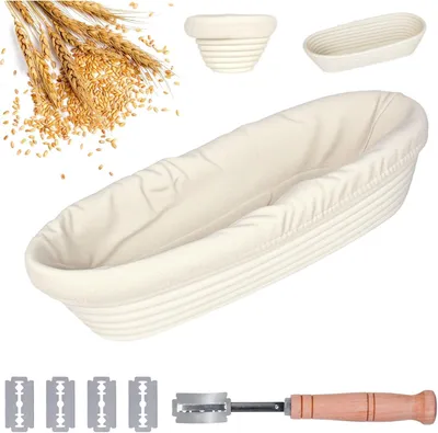 Imagen del producto de Cesta ovalada para pan, de 35 cm, con forro de lino, hecha de ratán, ideal para la cocina