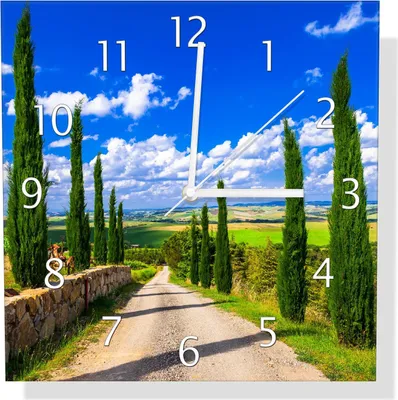 Produktbild von Wallario Design Wanduhr Zypressenweg in der Toskana aus Echtglas, Größe 30 x 30 cm