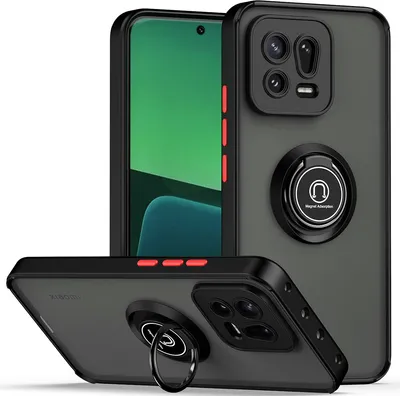 Three views of a smartphone case with a ring holder.