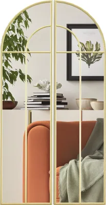 Image de HOMCOM Miroir mural arc 60 x 120 cm, grand miroir verrière décoratif de fenêtre avec cadre métallique, pour chambre, salon, couloir, ton doré