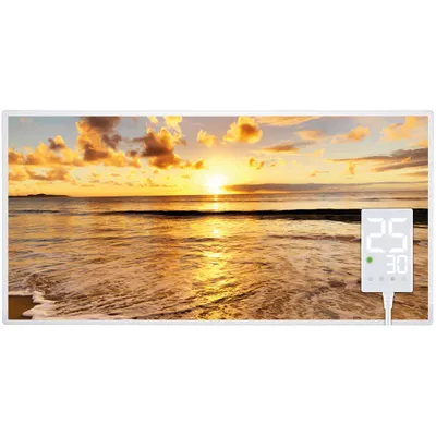 A digital panel displaying a beach sunset scene with a digital display showing temperature.