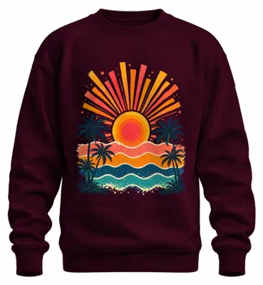 Imagen del producto de Sudadera con cuello redondo, diseño de atardecer retro, palmeras, playa, mar, surf, Hawái, océano, color burdeos, talla XL
