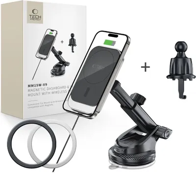 Produktbild von Tech-Protect Mm15W-V9 Magnetisches Magsafe-Armaturenbrett- Und Lüftungshalterung Für Das Auto, Kabelloses Ladegerät, 15 W, Schwarz