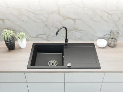 Produktbild von Granitspüle 90x50 cm mit Siphon & Drehexzenter, für 45 cm Schränke, Granitspülen:Schwarz
