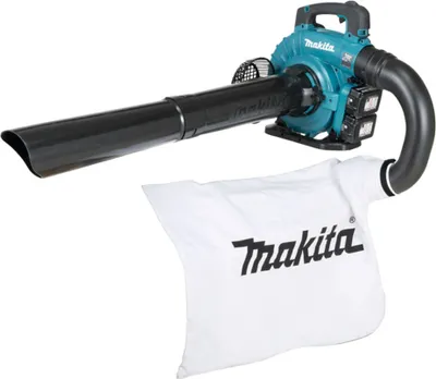 A teal and black Makita leaf blower with a white collection bag.