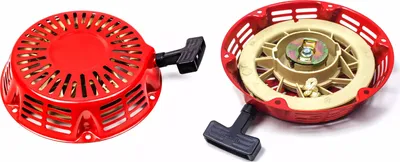 Two views of a red starter recoil assembly for a generator.