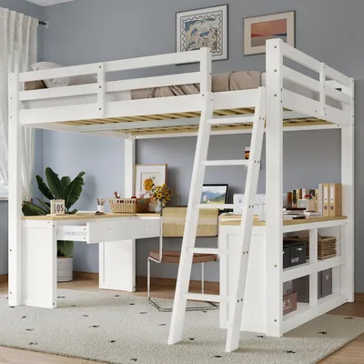 Image de Merax Lit mezzanine 140x200cm avec table longue en U et échelle inclinée, lit superposé avec tiroirs et étagère, sommiers à lattes stables, pin+MDF, blanc+naturel