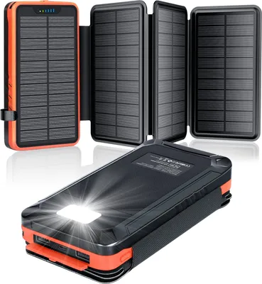 Immagine prodotto di Banca di energia solare 26800mAh, caricatore solare elzle con 2 uscite USB-A e 1 ingresso USB-C, batteria esterna impermeabile all'aperto con 4 pannelli solari e torcia per smartphone e tablet in campeggio
