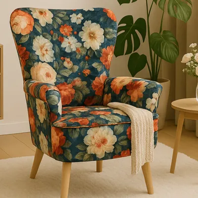 Produktbild von Sofiland Gardens Secrets Ohrensessel Blumenmuster Jacquard Stoff - Buche