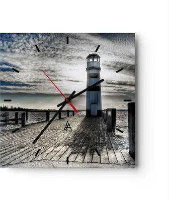 Produktbild von Wanduhr - Quadrat - Glasuhr - See Leuchtturm Holzbrücke Wasser - 40x40cm - Schleichendes Uhrwerk - Lautlos - zum Aufhängen bereit - Dekoration Modern - Wanddekoration aus Glas - C3AC40x40-0330