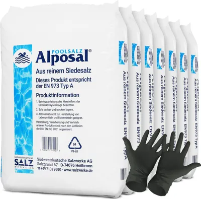 Produktbild von Alposal Poolsalz 175 kg, Schwimmbadsalz, Chlorinator geeignet, Salzelektrolyse, Siedesalz inklusiv 1 Paar ARNOMED Einweghandschuh