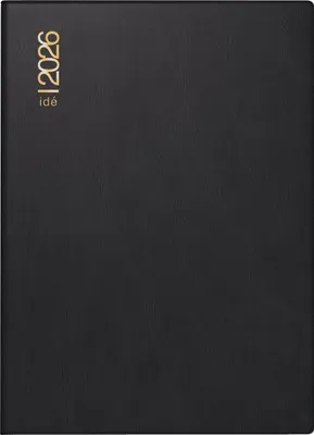 A black planner with gold text on the cover.