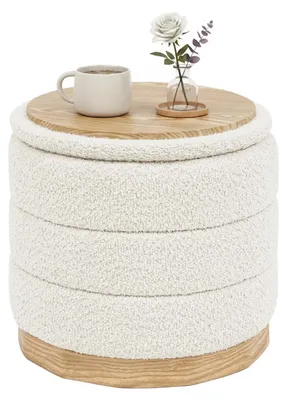 Productafbeelding van Bonlife Opvouwbare zitbank met opbergruimte - Rond, chenille, wit, 39 x 39 x 37 cm