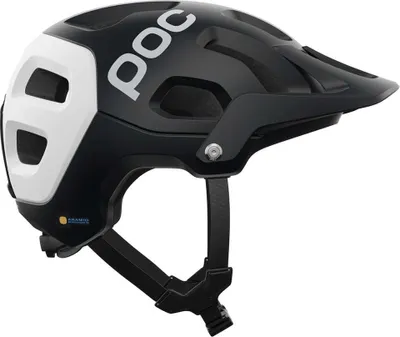 A black and white POC bicycle helmet is shown against a white background.