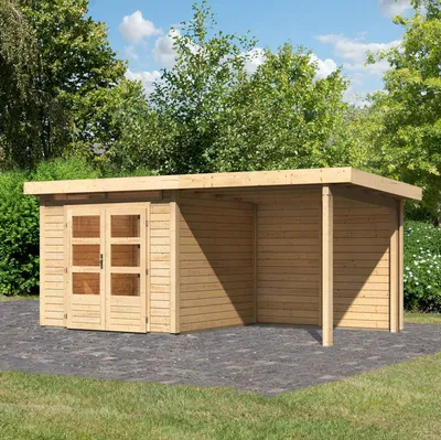 Produktbild von Karibu Holz Gartenhaus Set "Kandern 3" mit Anbaudach naturbelassen 2,4 x 2,4 m (B x T) mit 2,35 m Anbaudach
