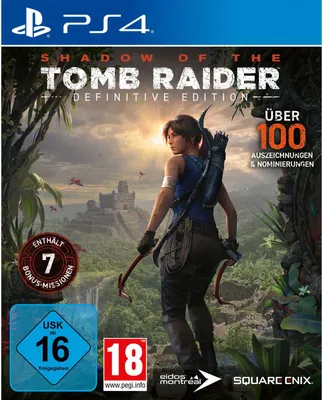 The cover art for the video game Shadow of the Tomb Raider: Definitive Edition, featuring the protagonist Lara Croft in a jungle environment with ancient ruins in the background.