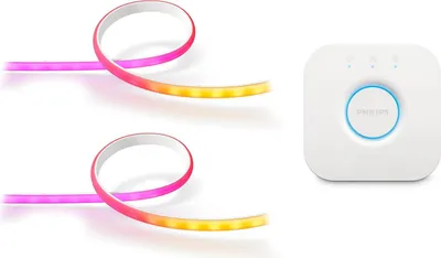A white Philips Hue Bridge and two light strips are displayed on a white background.