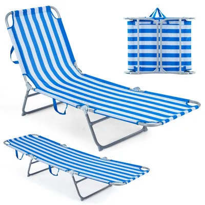 Immagine prodotto di Sedia a sdraio pieghevole leggera COSTWAY, sdraio da giardino con schienale e poggiapiedi regolabili e maniglia per il trasporto, sedia a sdraio portatile, resistente fino a 150 kg, colore blu e bianco