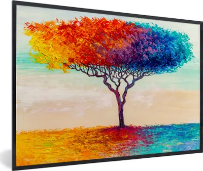 Produktbild von MuchoWow® Gerahmtes Poster Gemälde - Ölfarbe - Baum - Regenbogen 90x60 cm - Poster mit Schwarzem Bilderrahmen Wandposter Rahmen Foto Bilder - Fotorahmen - Foto-Plakat