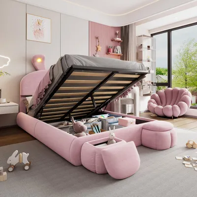 A child's bedroom with a pink upholstered bed with storage, a pink shell-shaped chair, and toys.