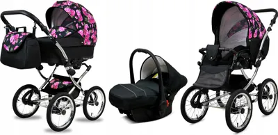 A collage of three different views of a baby stroller set against a white background.