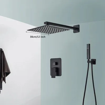 Produktbild von Famanu Duschsystem 2-Wege - Regendusche mit 12 Zoll Duschkopf & Thermostat - Wandmontiert - Schwarz