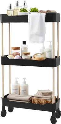 Produktbild von Kunststoff Rollwagen mit 3 Ebenen 70 x 40 cm - schwarz - Küchenregal mit Holzgestell auf 4 Rollen - Nischenregal Allzweckwagen