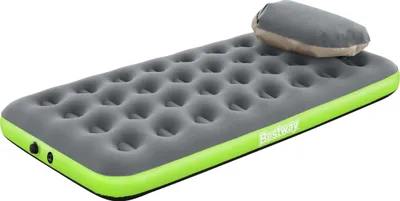 A single inflatable mattress with a pillow on a white background.