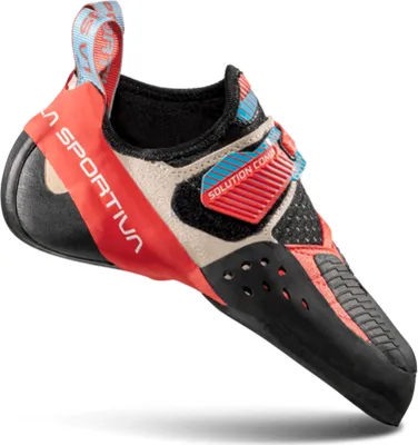 Klett-Kletterschuh "Solution Comp Woman" von La Sportiva; rot-schwarz mit blauen Akzenten; für Klettern.