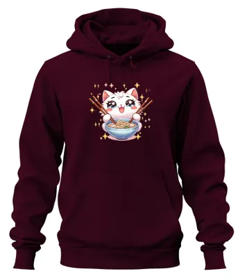 Immagine prodotto di Felpa con cappuccio a tema "Kawaii Katze Ramen", con immagini di noodles giapponesi, anime e manga, stile "carino" (kawaii), per appassionati (otaku), colore bordeaux, taglia L